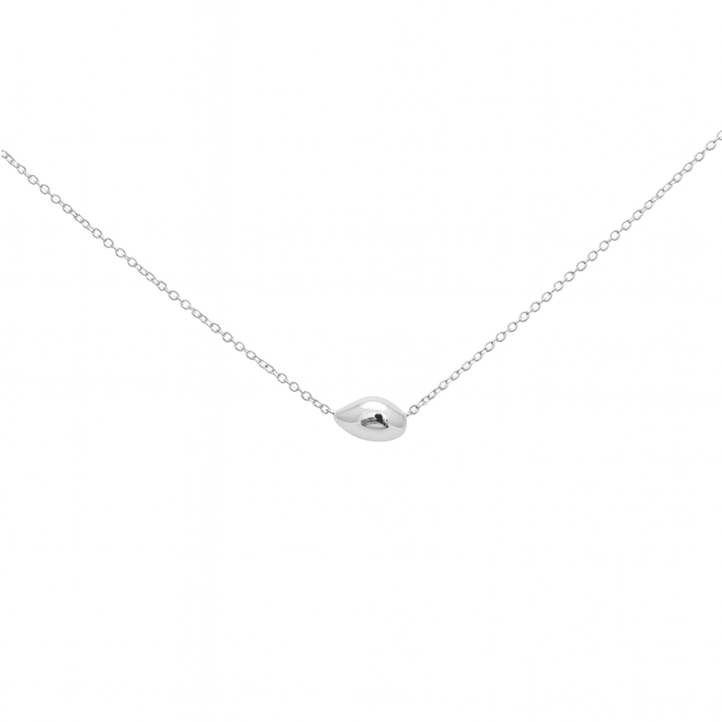 Silver necklace with a small round pendant on a white background